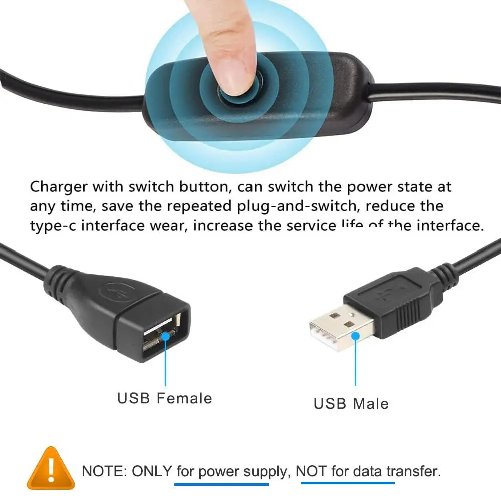 USB Male to Female Extension Cable with On/Off Switch for Dash Cam, LED Lamp, Fan & LED Strips