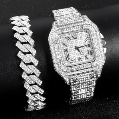 Gold Color Cuban Chain Watch for Men - Hip Hop Miami Curb, Iced Out Rhinestones, Bling Rapper Necklace, Watch & Bracelet Jewelry