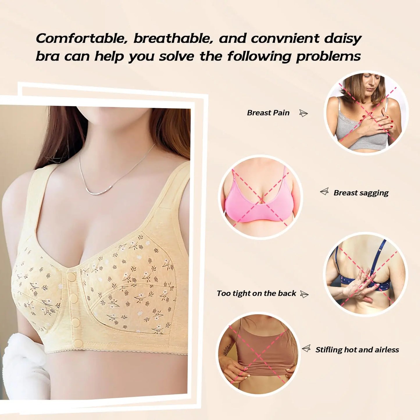 Women’s Floral Front-Buckle Bra Set - 7-Piece Adjustable Breathable Support for Nursing & Everyday Wear