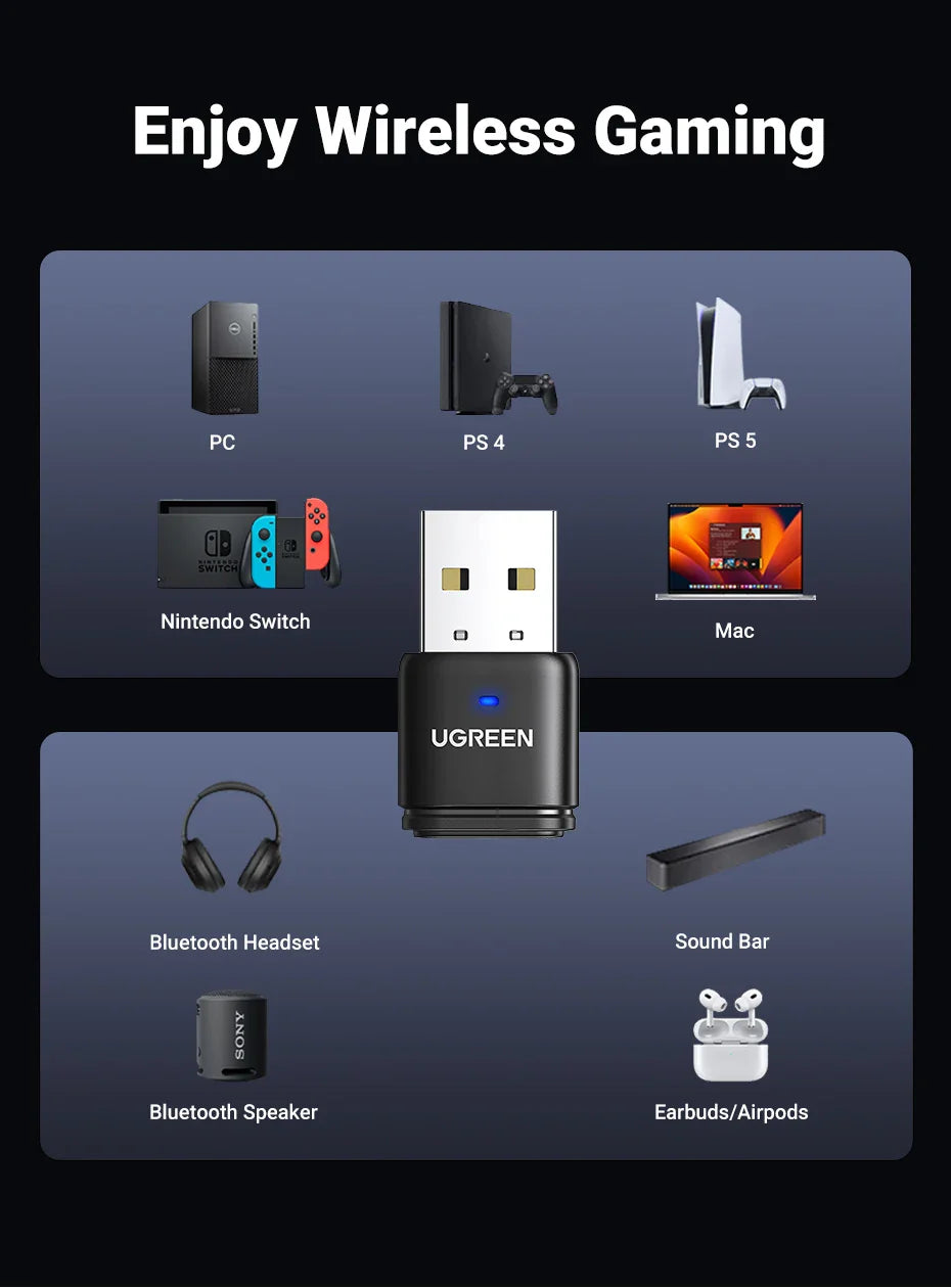 USB Bluetooth 5.3 Transmitter – aptX HD Audio Adapter for PS5, PS4, Nintendo Switch, Headset, Speaker & Mic