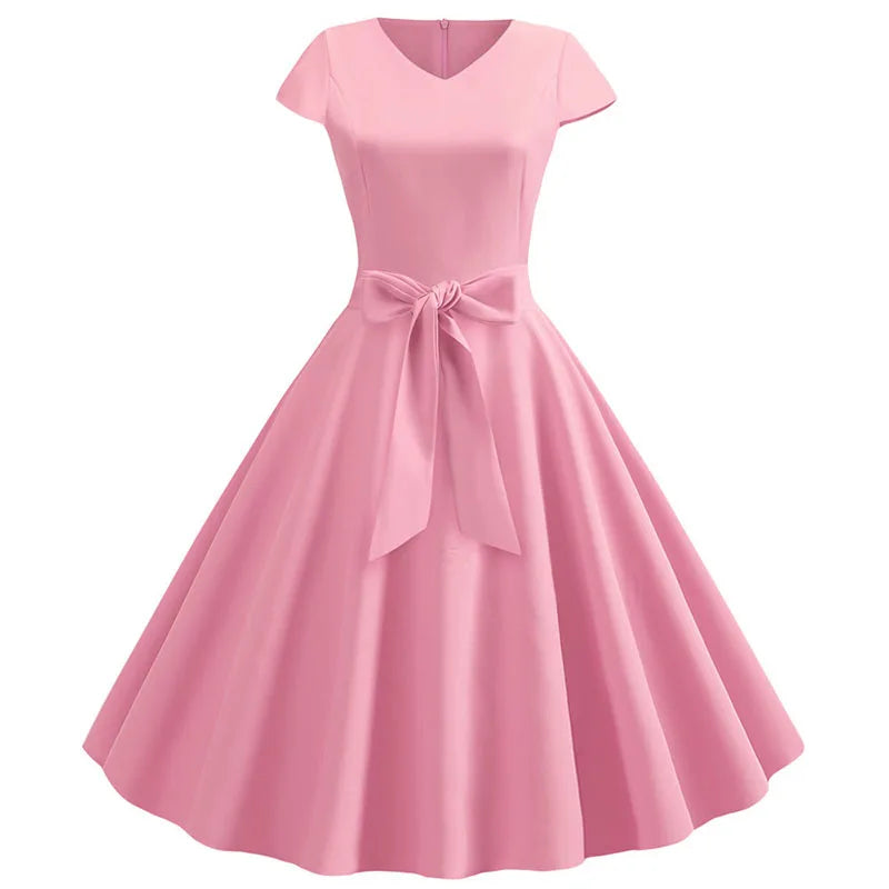 Women Vintage Summer Dress - V Neck Short Sleeve Swing Party Dress With Belt