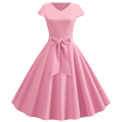 Women Vintage Summer Dress - V Neck Short Sleeve Swing Party Dress With Belt