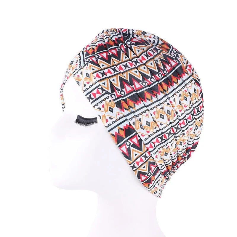 African Print Turban Head Wrap - Soft Stretch Twisted Pleated Beanie Bonnet for Women, Headtie & Chemo Cap