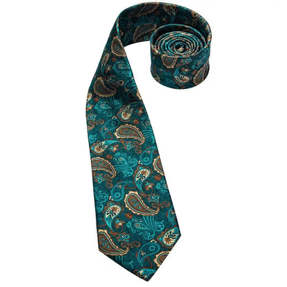 Hi-Tie Luxury Paisley Teal Green Tie Set - Men’s Classic Necktie with Handkerchief & Cufflinks Gift Box for Wedding & Formal Wear