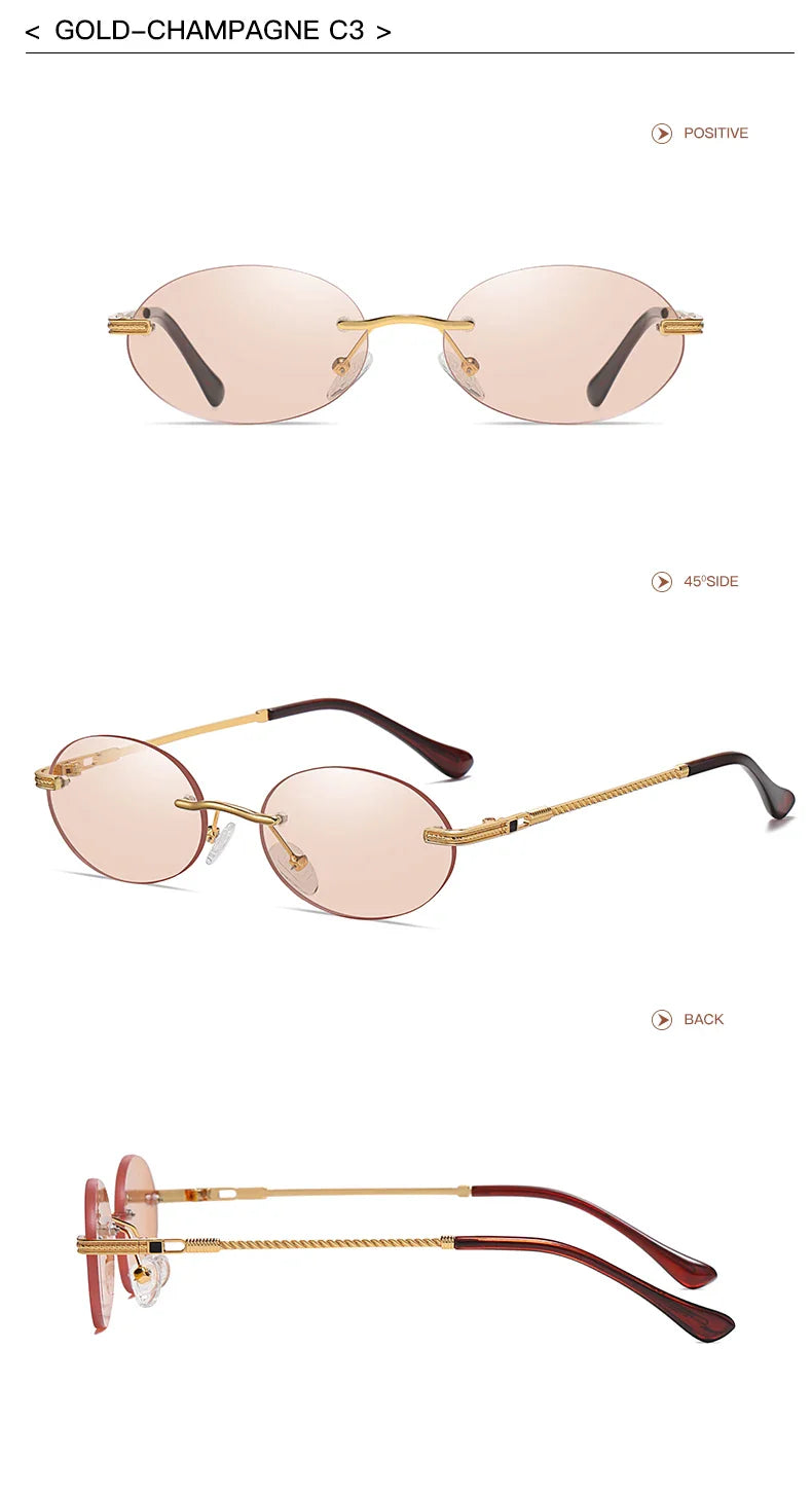 Retro Oval Rimless Sunglasses – Blue Mirror Gold Metal UV400 for Men & Women
