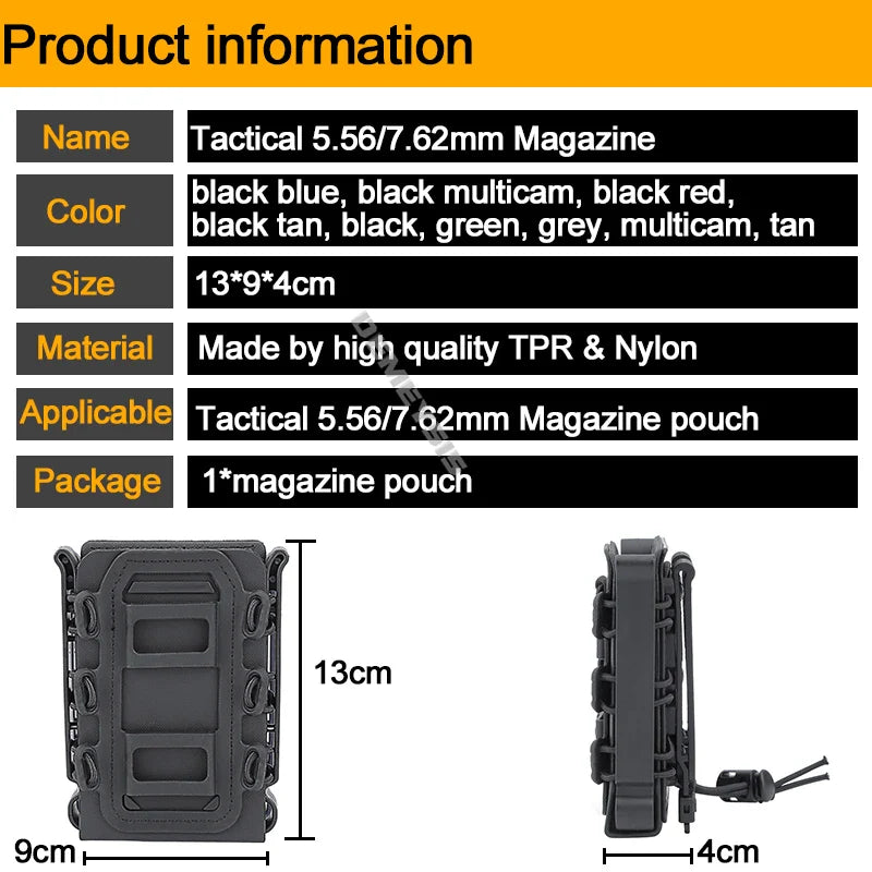 5.56mm & 7.62mm Tactical Fast Mag Pouch - MOLLE Belt Clip Soft Shell Rifle & 9mm Magazine Carrier