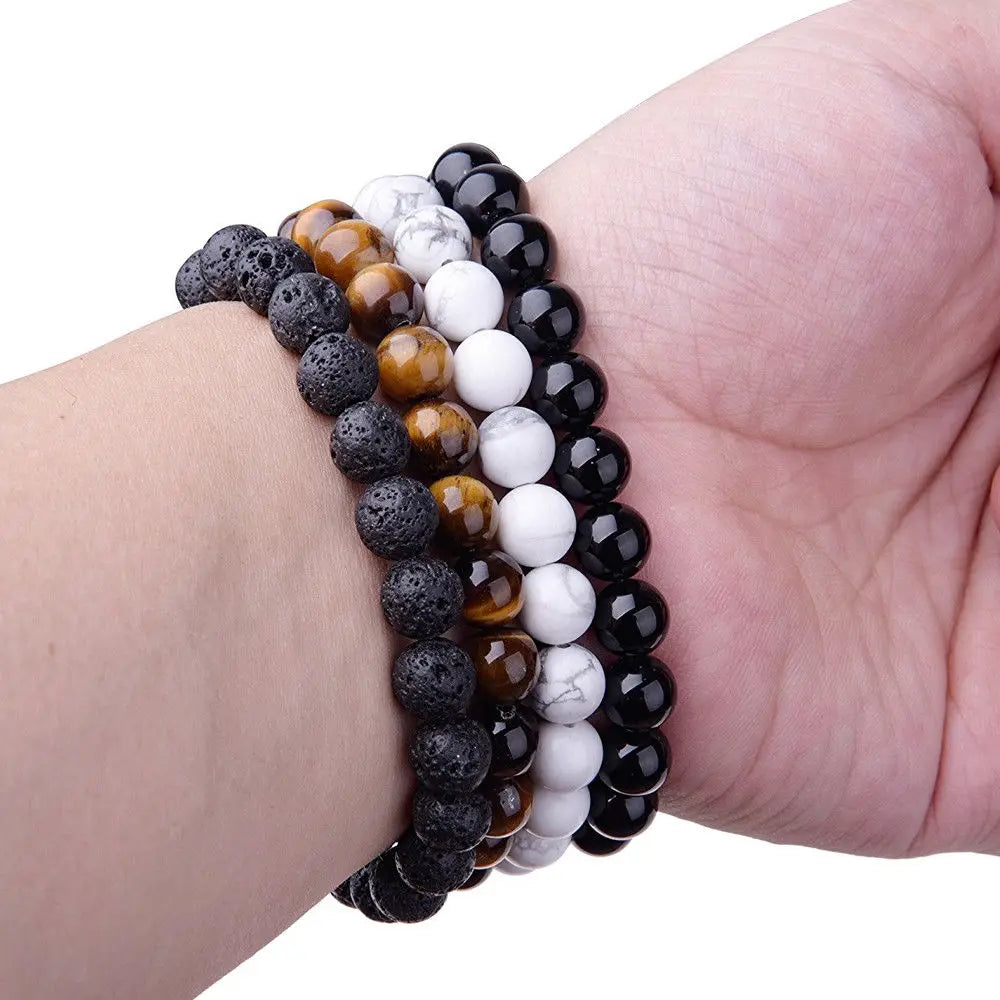 8mm Natural Stone Beaded Bracelet - Black Onyx Lava Tiger Eye Agate Quartz Chakra Yoga Energy Jewelry for Men & Women