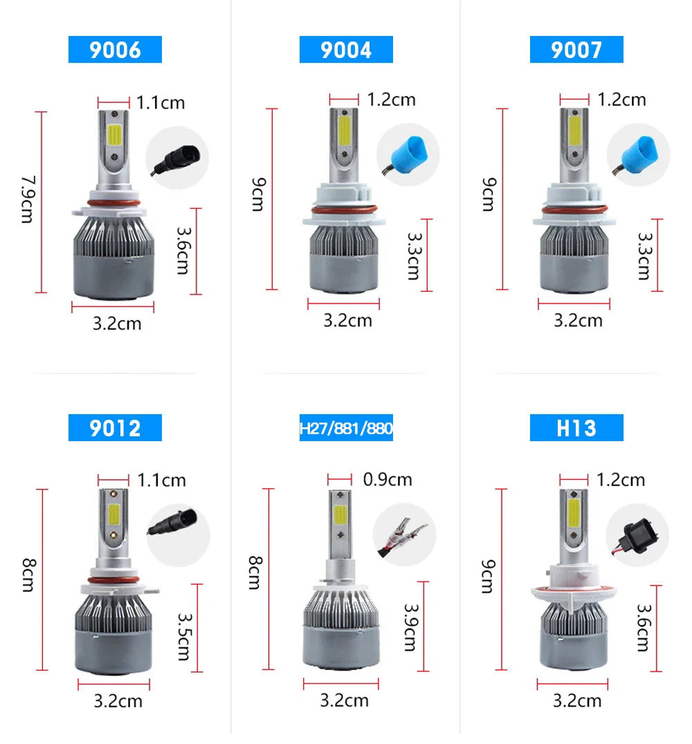 2x H7 LED Car Headlight Bulbs - H1, H3, H4, H8, HB1, HB3, HB4, H11, H13, H27, 9005, 9006, HIR2, 3000K, 6000K, 8000K COB C6 Car Lights