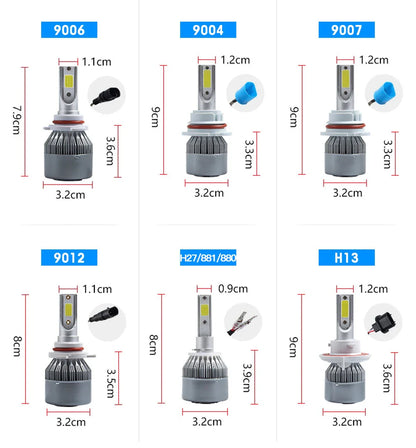 2x H7 LED Car Headlight Bulbs - H1, H3, H4, H8, HB1, HB3, HB4, H11, H13, H27, 9005, 9006, HIR2, 3000K, 6000K, 8000K COB C6 Car Lights
