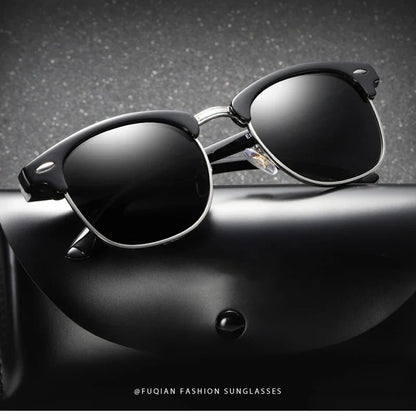 Classic Half Frame Polarized Sunglasses – Retro Rivet Design for Men & Women, Anti-Glare Black Travelling Shades