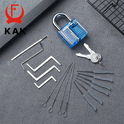 KAK Transparent Practice Lock Set - Cutaway Padlock Training Kit with Key Extractor Locksmith Tools
