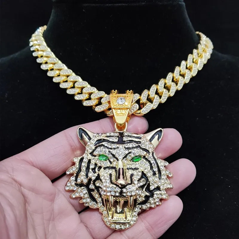 3D Tiger Pendant Necklace - Iced Out Crystal Cuban Chain Hip Hop Jewelry for Men & Women