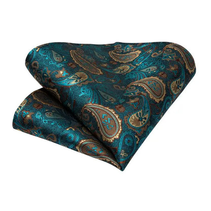 Hi-Tie Luxury Paisley Teal Green Tie Set - Men’s Classic Necktie with Handkerchief & Cufflinks Gift Box for Wedding & Formal Wear