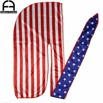 Patchwork Flag Silk Durag - Stars Print Wave Cap Headwrap for Men