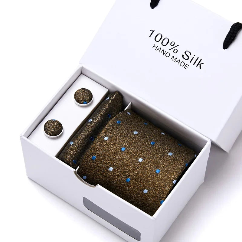 100% Silk Tie Gift Set - Classic Striped Wedding Necktie with Handkerchief for Men