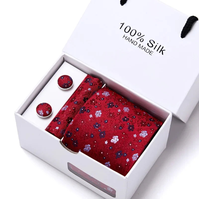 100% Silk Tie Gift Set - Classic Striped Wedding Necktie with Handkerchief for Men