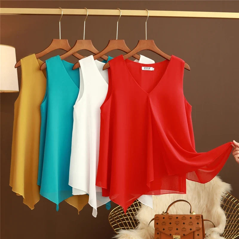 Women's Chiffon V Neck Blouse - Loose Sleeveless Plus Size Fashion Top M-5XL