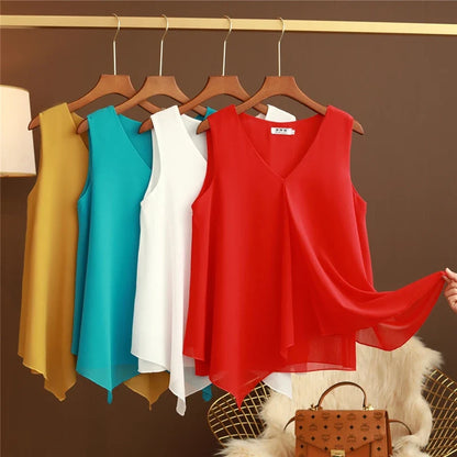 Women's Chiffon V Neck Blouse - Loose Sleeveless Plus Size Fashion Top M-5XL