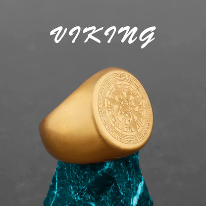 Nordic Viking Stainless Steel Ring - Compass Tree of Life Rune Wolf Amulet Jewelry for Men & Women