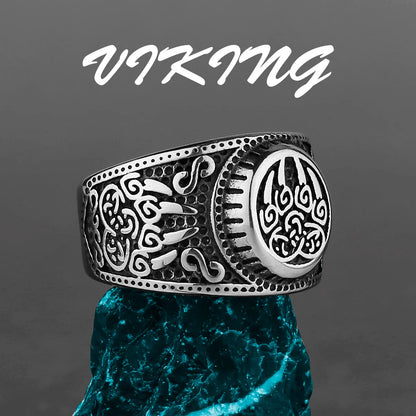 Nordic Viking Stainless Steel Ring - Compass Tree of Life Rune Wolf Amulet Jewelry for Men & Women
