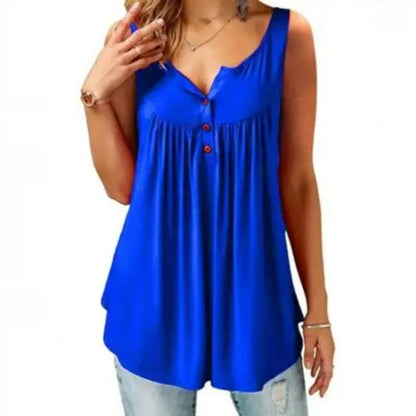 Women’s Loose U Neck Tank Top - Sleeveless Pleated Button Camisole Summer Vest