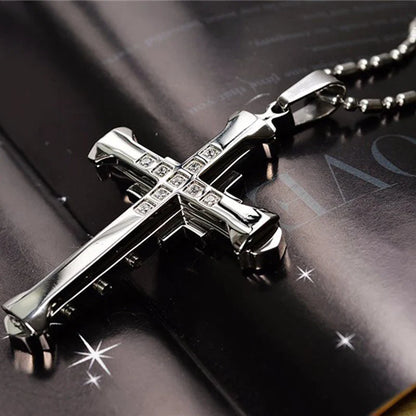2024 New Men's Crystal Cross Jesus Pendant, Gold/Black/Blue Zirconia Necklace, Stainless Steel Jewelry