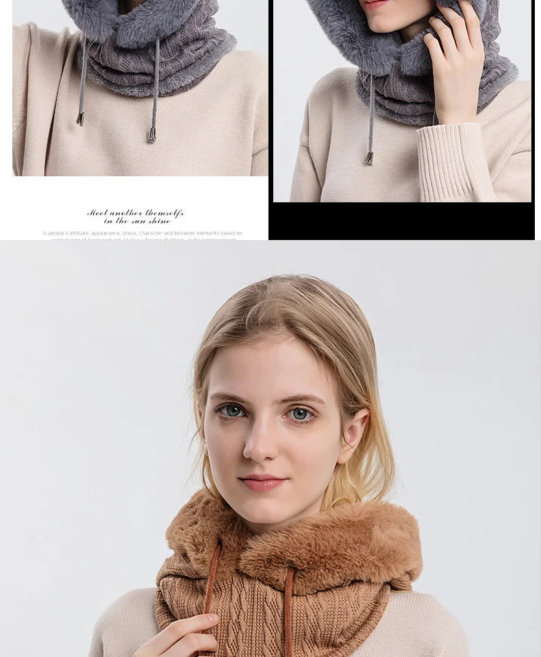 Winter Fur Cap Mask Set – Hooded Knitted Cashmere Neck Warmer, Plush Windproof Balaclava Ski Beanie for Women