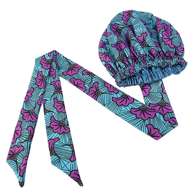 African Satin Lined Bonnet with Long Ribbon - Floral Ankara Print Head Wrap Turban Cap for Women