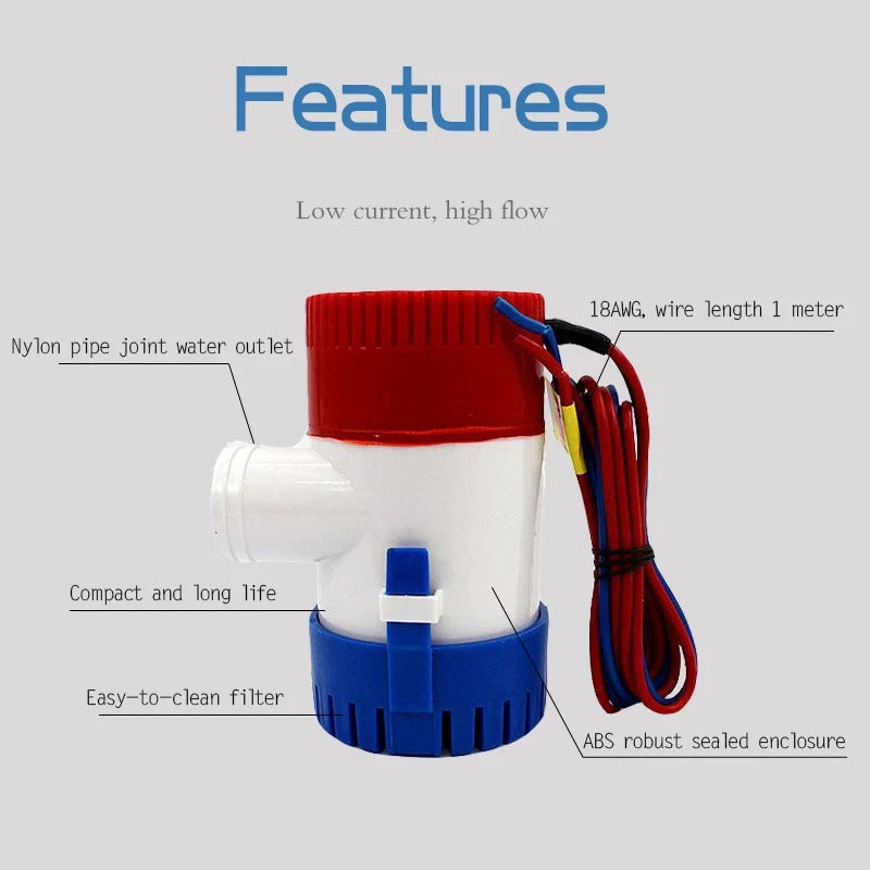 12V 24V Submersible Bilge Pump - 1100GPH 750GPH 500GPH Mini Electric Water Pump for Boats, RVs & Marine Applications