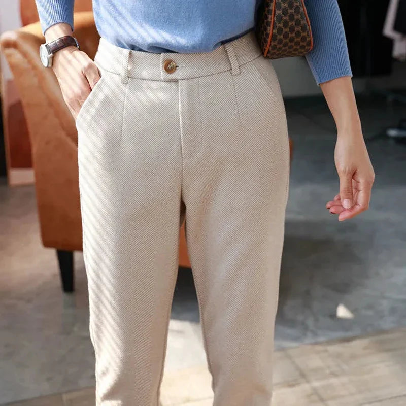 Woolen Harem Pants for Women - High Waisted Casual Pencil Trousers for Autumn/Winter 2024, Perfect for Office and Everyday Wear