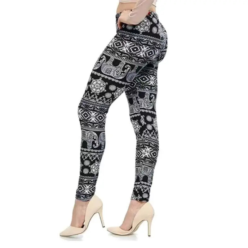 Plus Size Women Printed Leggings – Floral Elephant Star Plaid High Waist Stretch Slim Fit Skinny Pants 2XL–3XL Milk Silk Jeggings