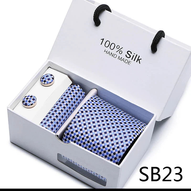 100% Silk Tie Gift Set - Classic Striped Wedding Necktie with Handkerchief for Men