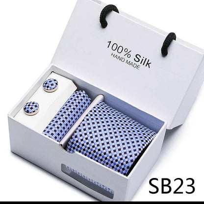 100% Silk Tie Gift Set - Classic Striped Wedding Necktie with Handkerchief for Men