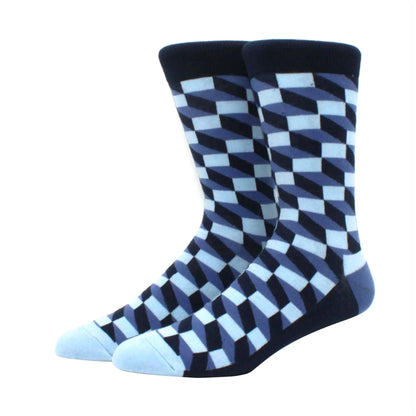 Men’s Funny Argyle Diamond Pattern Cotton Socks – Large Size 3D Geometric Crew Tube Socks, Combed Cotton Casual Novelty Socks