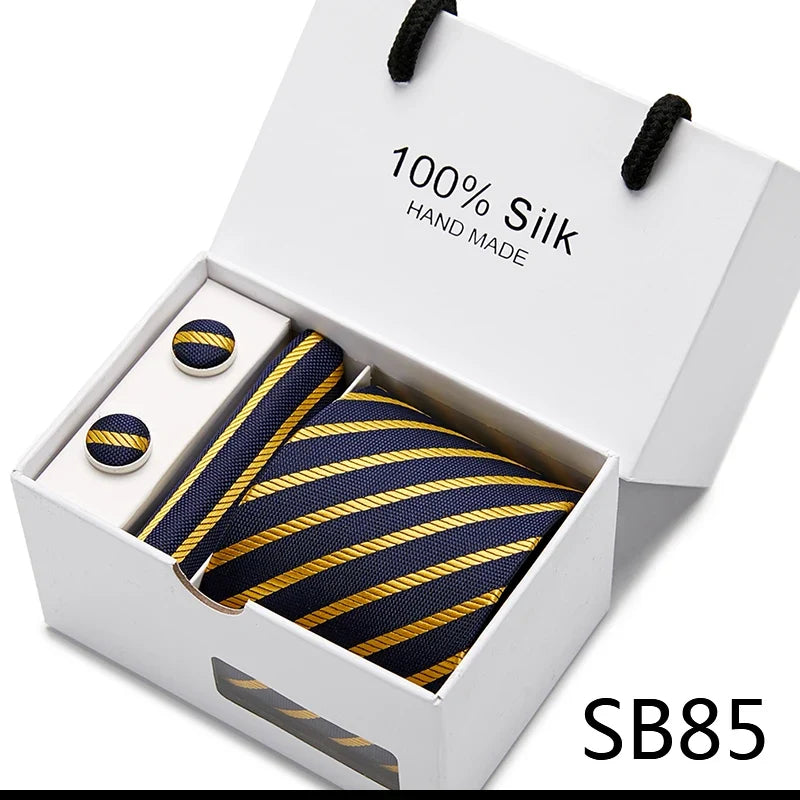 100% Silk Tie Gift Set - Classic Striped Wedding Necktie with Handkerchief for Men