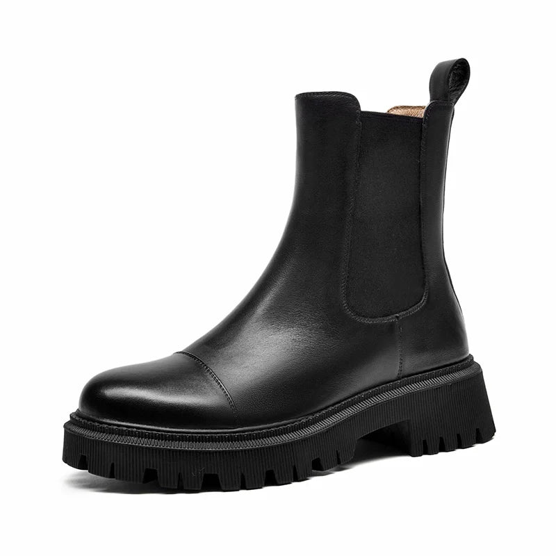 BeauToday Women’s Flat Chelsea Ankle Boots - Genuine Cow Leather Elastic Side Strap Handmade Spring & Autumn Shoes