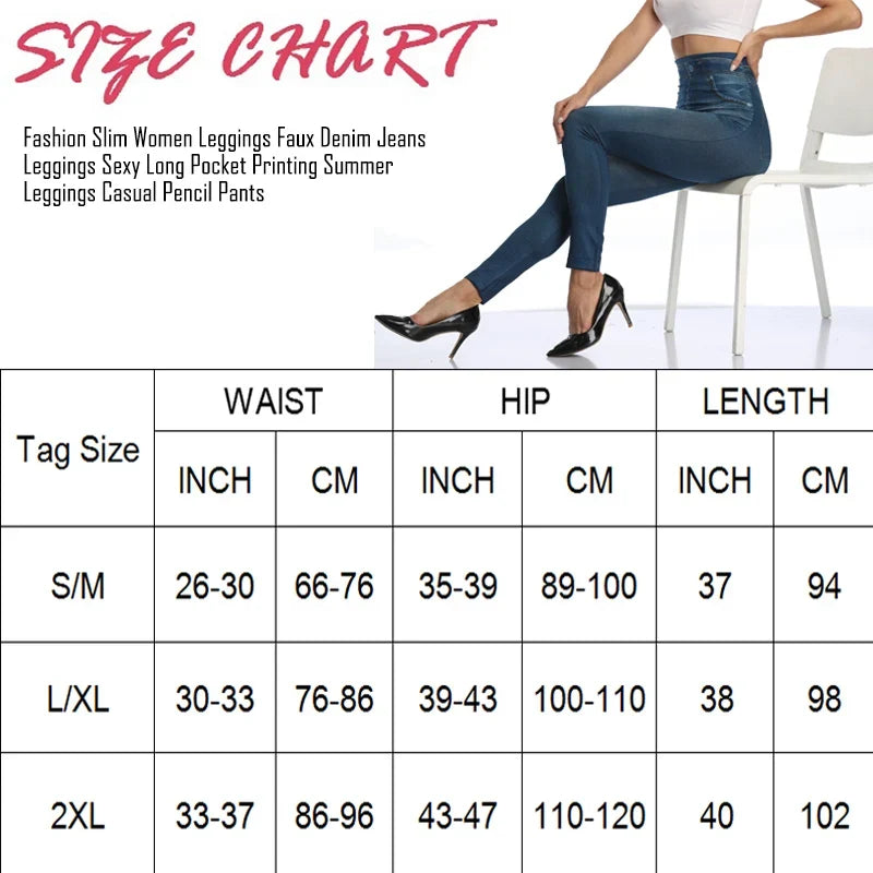 Women's Faux Denim Leggings - Slim Fit Printed Summer Pencil Pants for Fitness & Casual Wear