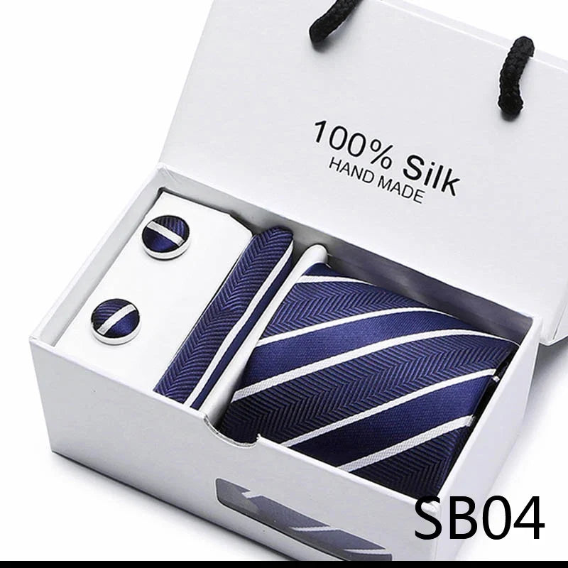 100% Silk Tie Gift Set - Classic Striped Wedding Necktie with Handkerchief for Men