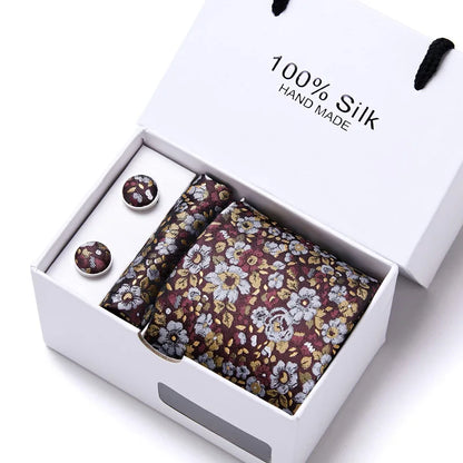 100% Silk Men’s Tie Gift Set - Classic 7.5cm Striped Floral Necktie with Handkerchief for Office, Party & Wedding Formal Wear
