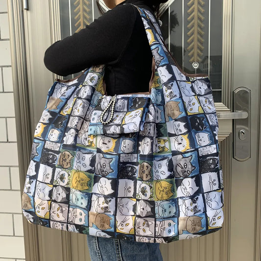 Big Size Thick Nylon Tote - ECO Reusable Polyester Shoulder Handbag for Women, Foldable Folding Pouch Shopping Bag