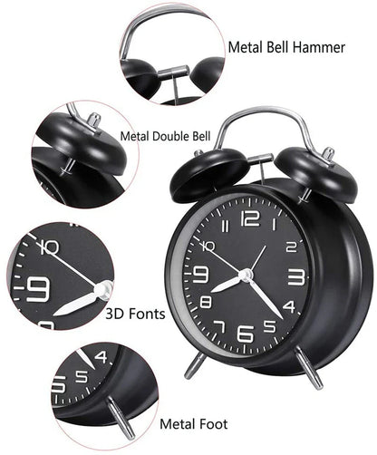 4 Inch Twin Bell Metal Alarm Clock – Loud Mechanical Desk Clock with Backlight 3D Dial, Battery Operated for Home & Office Use