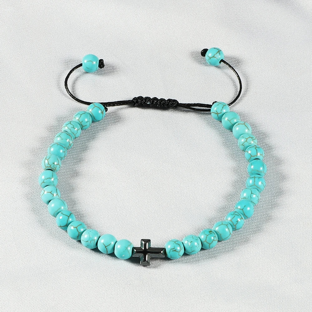 Natural Stone Bead Cross Bracelet - 6mm Braided Christian Prayer Jewelry with Jesus Charm for Men & Women