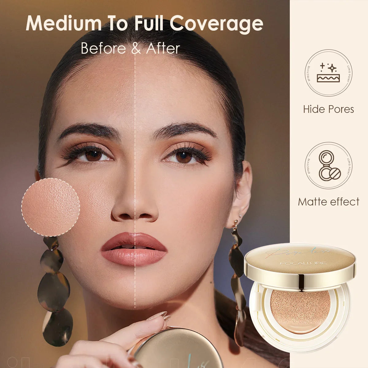FOCALLURE Poreless BB Air Cushion – Whitening CC Cream Foundation, Waterproof Matte Concealer Makeup
