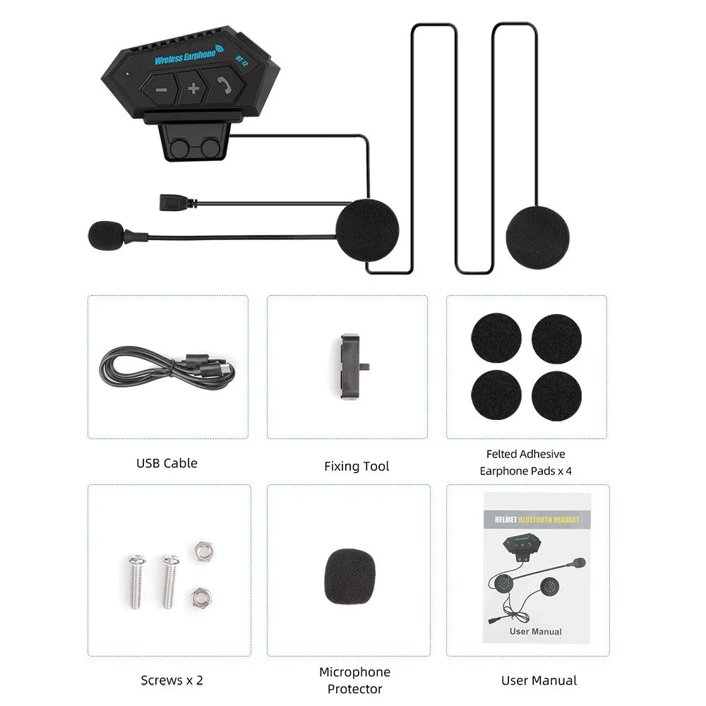 BT12 Motorcycle Helmet Headset - Stereo Bluetooth Earphone, Wireless Hands-Free Mic & Music Player for Motorbike Riders