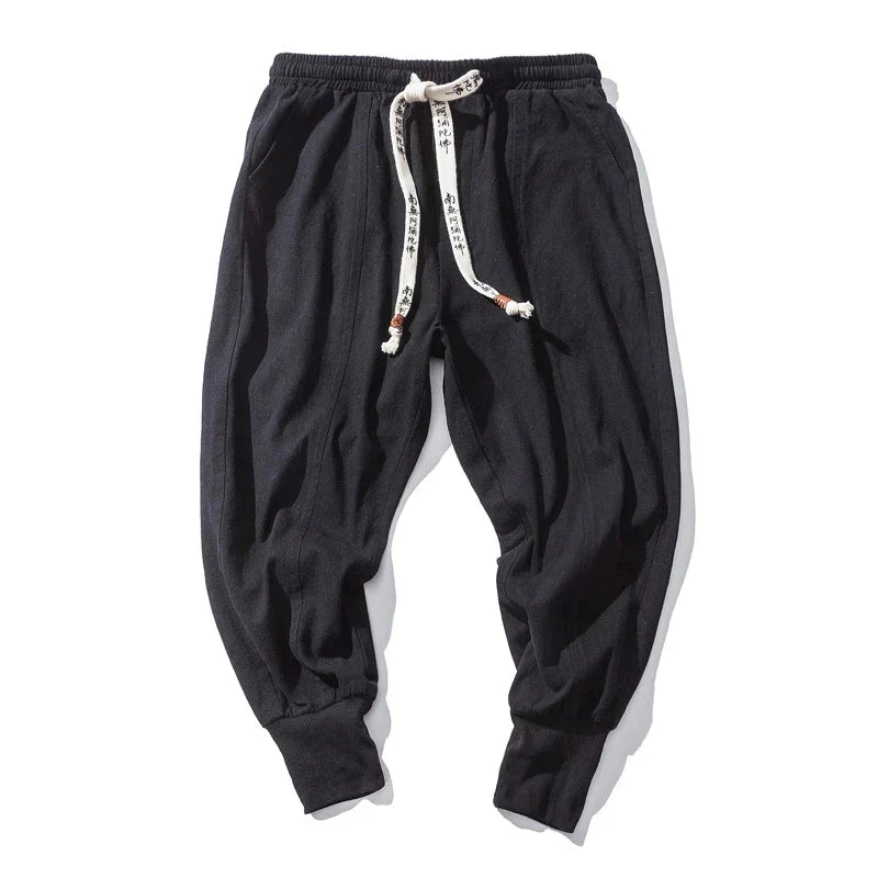 Men’s Cotton Linen Harem Pants – Solid Color Baggy Drop-Crotch Joggers with Elastic Waist Casual Streetwear Trousers