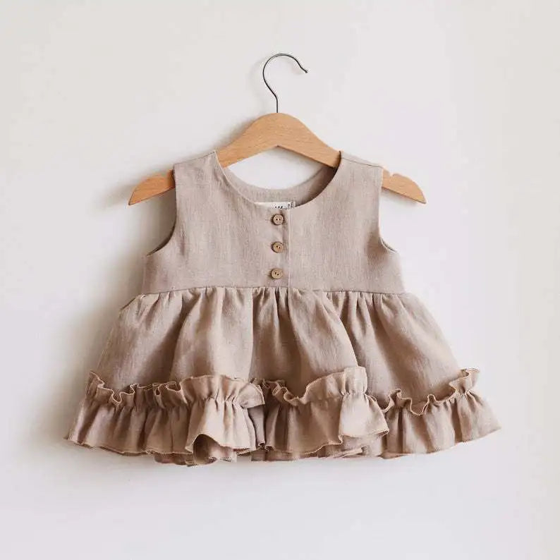 Baby Girls Cotton Linen Tutu Dress - 3 Layer Summer Ruffle Lace Strap Breathable Cake Dress Outfit