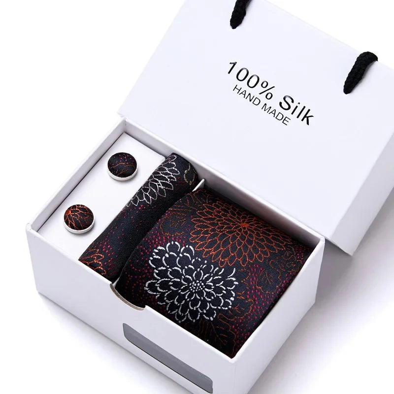 100% Silk Tie Gift Set - Classic Striped Wedding Necktie with Handkerchief for Men