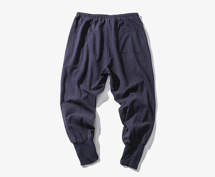 Men’s Cotton Linen Harem Pants – Solid Color Baggy Drop-Crotch Joggers with Elastic Waist Casual Streetwear Trousers