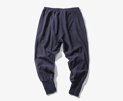Men’s Cotton Linen Harem Pants – Solid Color Baggy Drop-Crotch Joggers with Elastic Waist Casual Streetwear Trousers