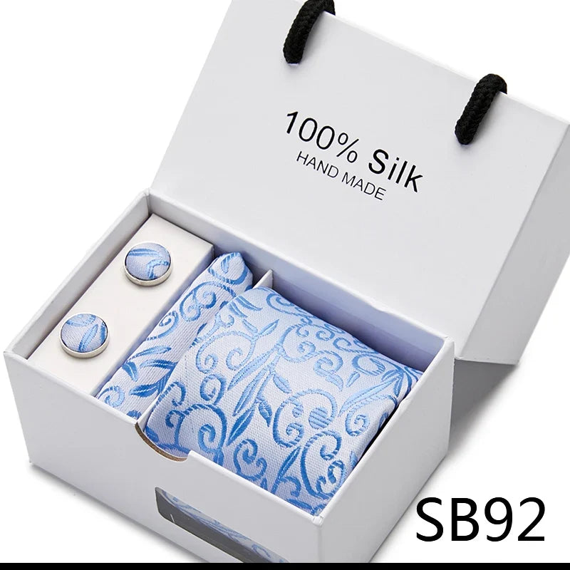 100% Silk Tie Gift Set - Classic Striped Wedding Necktie with Handkerchief for Men